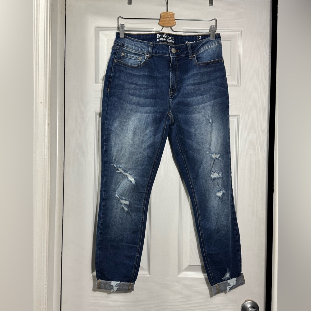 Resfeber Skinny Boyfriend Jeans 12 Distressed Cuffed Medium Wash Denim